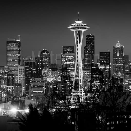 Matte Black MDF Framed Black and White Seattle Photograph: The Space Needle at Night in a Square Matte Black MDF Frame