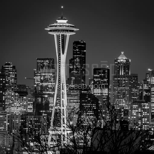 Matte Black MDF Framed Black and White Seattle Photograph: The Seattle Space Needle in a Square Matte Black MDF Frame