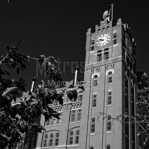 Matte Black MDF Framed Black and White St Louis Photograph: The Anheuser Busch Main Brewhouse in a Square Matte Black MDF Frame