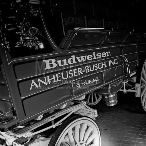 Matte Black MDF Framed Black and White St Louis Photograph: An Anheuser Busch Budweiser Wagon in a Square Matte Black MDF Frame