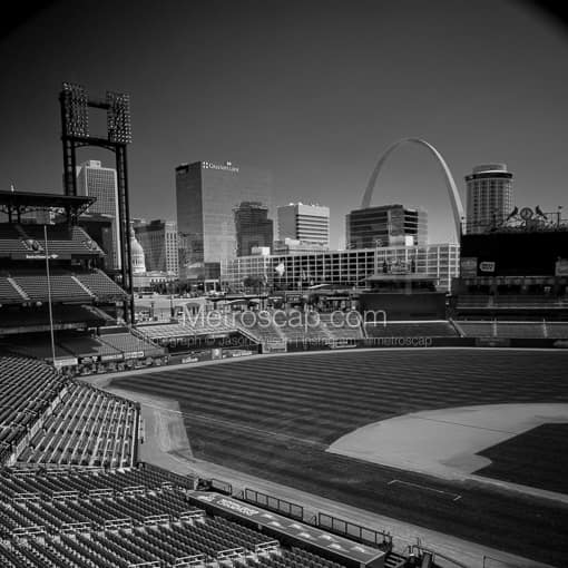 Matte Black MDF Framed Black and White St Louis Photograph: Busch Stadium and the St Louis Skyline in a Square Matte Black MDF Frame