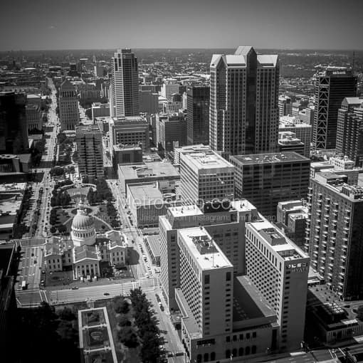 Matte Black MDF Framed Black and White St Louis Photograph: Saint Louis from the Gateway Arch Observatory in a Square Matte Black MDF Frame