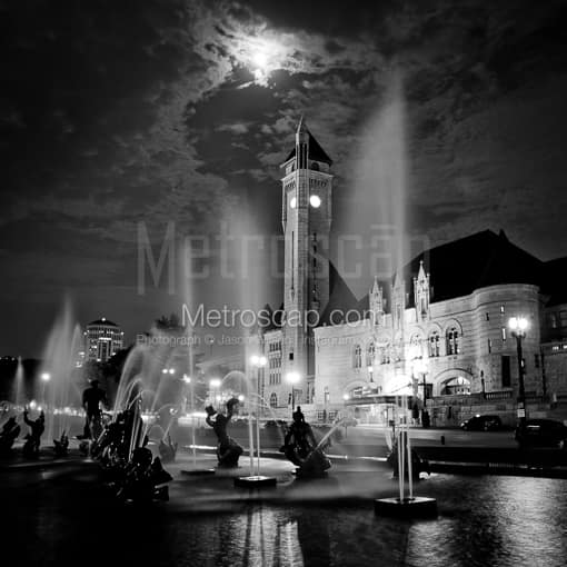 Matte Black MDF Framed Black and White St Louis Photograph: The Fountain in Aloe Plaza Across from Union Station in a Square Matte Black MDF Frame