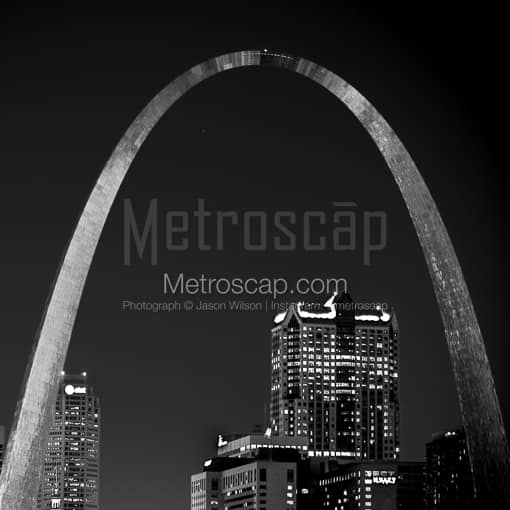 Matte Black MDF Framed Black and White St Louis Photograph: The Gateway Arch Over Saint Louis in a Square Matte Black MDF Frame