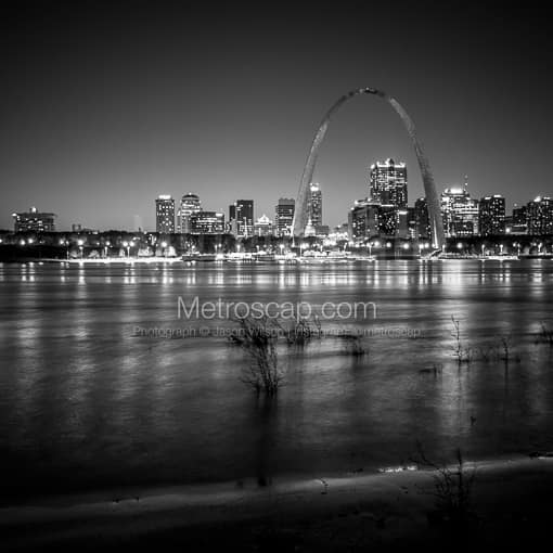 Matte Black MDF Framed Black and White St Louis Photograph: The Gateway Arch Over the St Louis Skyline in a Square Matte Black MDF Frame