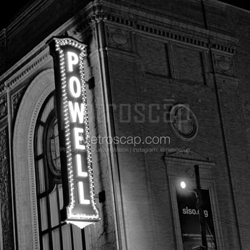 Matte Black MDF Framed Black and White St Louis Photograph: The Powell Theater Sign in a Square Matte Black MDF Frame
