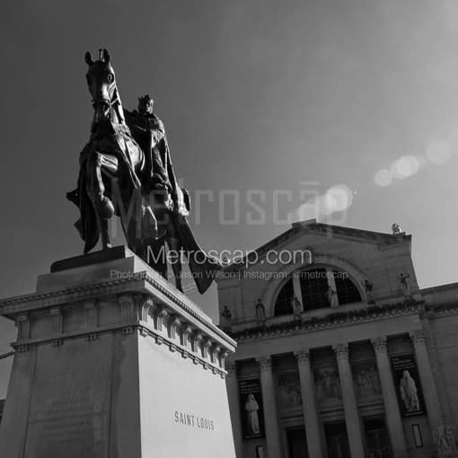 Matte Black MDF Framed Black and White St Louis Photograph: The Saint Louis Statue at the Art Museum in a Square Matte Black MDF Frame