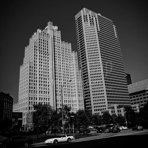 Matte Black MDF Framed Black and White St Louis Photograph: The Southwestern Bell HQ Building in a Square Matte Black MDF Frame
