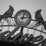 St Louis Cardinals Clock Busch Stadium Black and White Square St Louis Cardinals Clock Busch Stadium black and white