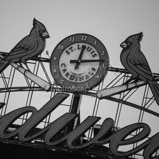 Matte Black MDF Framed Black and White St Louis Photograph: The St Louis Cardinals Clock in Busch Stadium in a Square Matte Black MDF Frame