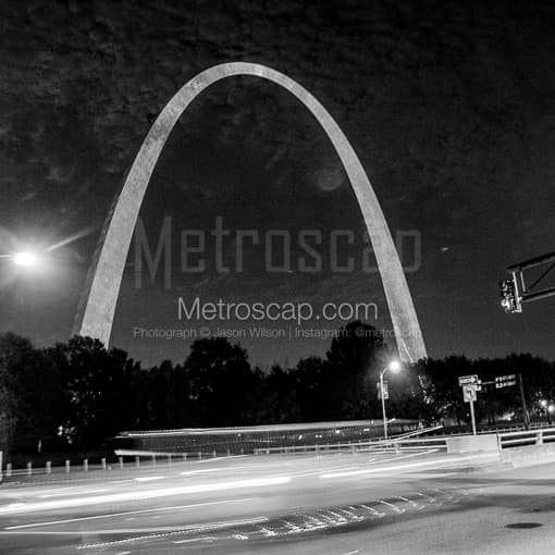 Matte Black MDF Framed Black and White St Louis Photograph: The Gateway Arch from Pine and Memorial in a Square Matte Black MDF Frame