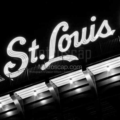 Matte Black MDF Framed Black and White St Louis Photograph: St Louis in Neon in a Square Matte Black MDF Frame