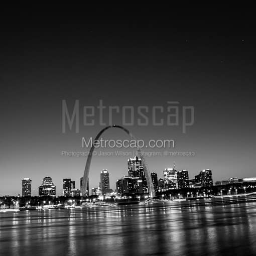 Matte Black MDF Framed Black and White St Louis Photograph: The St Louis Skyline Along the Mighty Mississippi River in a Square Matte Black MDF Frame