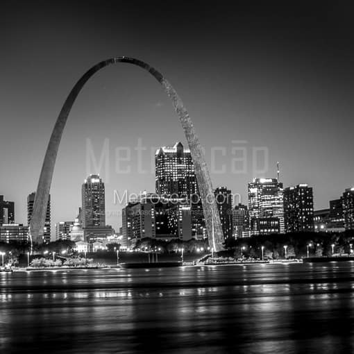 Matte Black MDF Framed Black and White St Louis Photograph: The St Louis Skyline at Night in a Square Matte Black MDF Frame
