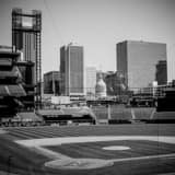 St Louis Skyline From Busch Stadium Black and White Square St Louis Skyline From Busch Stadium black and white