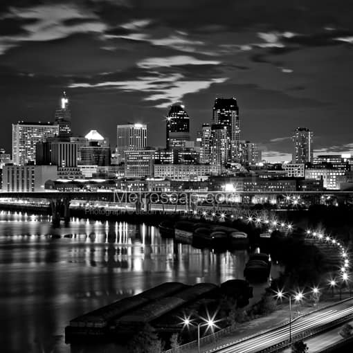 Matte Black MDF Framed Black and White St Paul Photograph: The St Paul Skyline at Night in a Square Matte Black MDF Frame