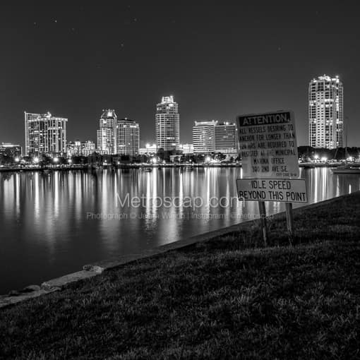 Matte Black MDF Framed Black and White St Petersburg Photograph: The Downtown St Petersburg Skyline at Night in a Square Matte Black MDF Frame
