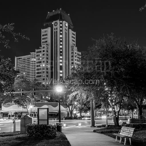 Matte Black MDF Framed Black and White St Petersburg Photograph: Progress Plaza from Williams Park in a Square Matte Black MDF Frame