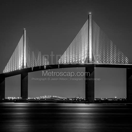 Matte Black MDF Framed Black and White St Petersburg Photograph: The Sunshine Skyway Bridge at Night in a Square Matte Black MDF Frame