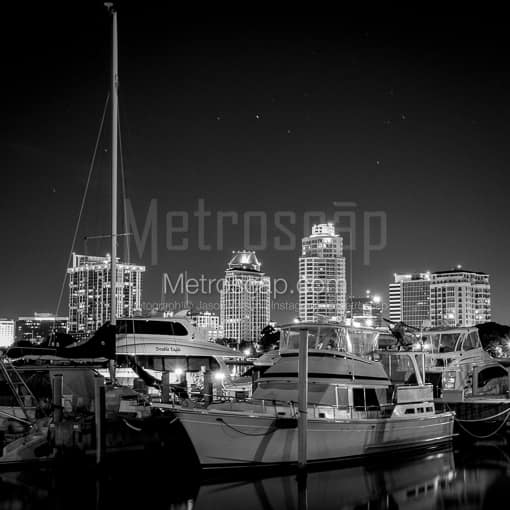 Matte Black MDF Framed Black and White St Petersburg Photograph: The St Petersburg Skyline and Marina in a Square Matte Black MDF Frame