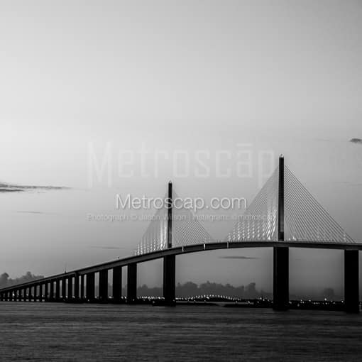 Matte Black MDF Framed Black and White St Petersburg Photograph: The Sunshine Skyway Bridge at Dusk in a Square Matte Black MDF Frame