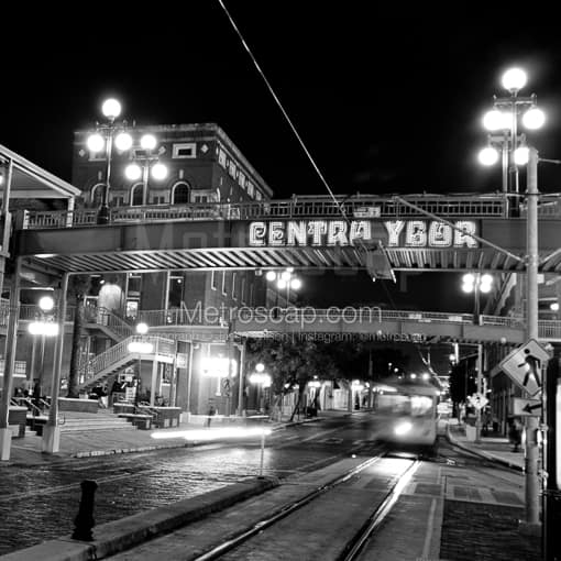 Matte Black MDF Framed Black and White Tampa Photograph: Centro Ybor City in a Square Matte Black MDF Frame