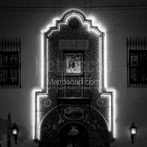 Matte Black MDF Framed Black and White Tampa Photograph: The Columbia Restaurant in Ybor City in a Square Matte Black MDF Frame