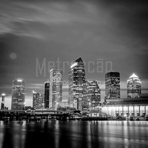 Matte Black MDF Framed Black and White Tampa Photograph: Downtown Tampa at Night in a Square Matte Black MDF Frame