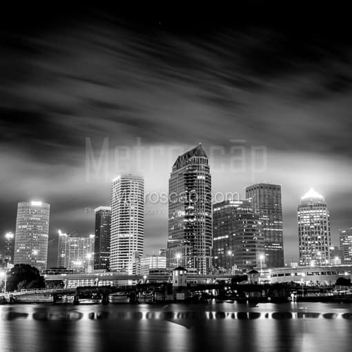 Matte Black MDF Framed Black and White Tampa Photograph: The Downtown Tampa Skyline at Night in a Square Matte Black MDF Frame