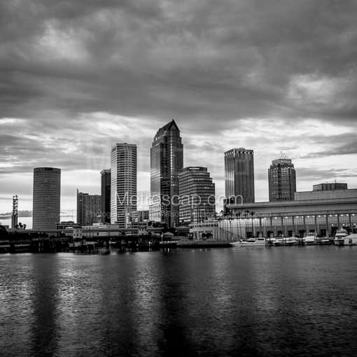 Matte Black MDF Framed Black and White Tampa Photograph: The Downtown Tampa Skyline at Dusk in a Square Matte Black MDF Frame