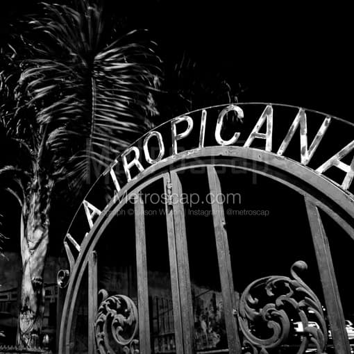 Matte Black MDF Framed Black and White Tampa Photograph: La Tropicana Gate in Ybor City in a Square Matte Black MDF Frame