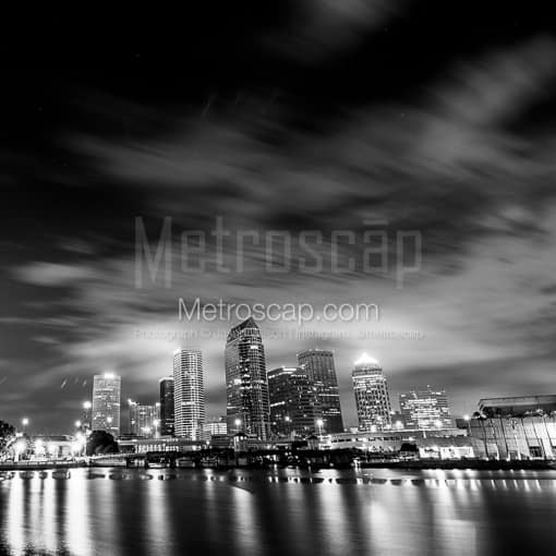 Matte Black MDF Framed Black and White Tampa Photograph: The Tampa Skyline at Night in a Square Matte Black MDF Frame