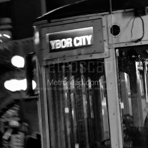 Matte Black MDF Framed Black and White Tampa Photograph: Ybor City Streetcar in a Square Matte Black MDF Frame