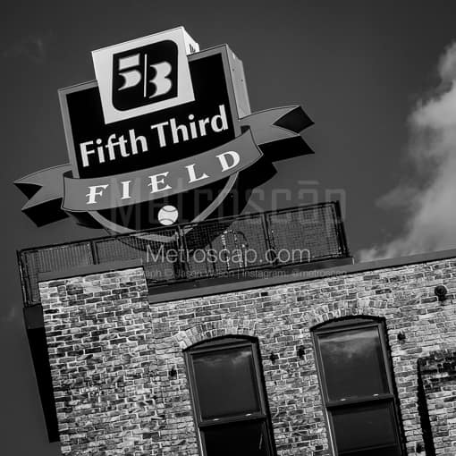 Matte Black MDF Framed Black and White Toledo Photograph: The Fifth Third Field Sign in a Square Matte Black MDF Frame