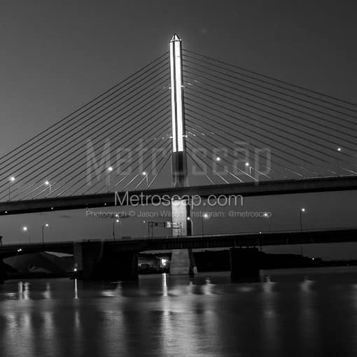 Matte Black MDF Framed Black and White Toledo Photograph: The Glass City Skyway Bridge in a Square Matte Black MDF Frame