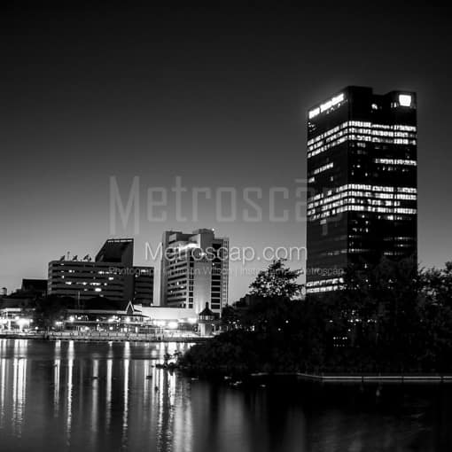 Matte Black MDF Framed Black and White Toledo Photograph: The Imagination Station and the Fifth Third Tower in a Square Matte Black MDF Frame