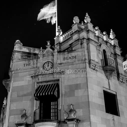 Matte Black MDF Framed Black and White Toledo Photograph: The Toledo Blade Building in a Square Matte Black MDF Frame