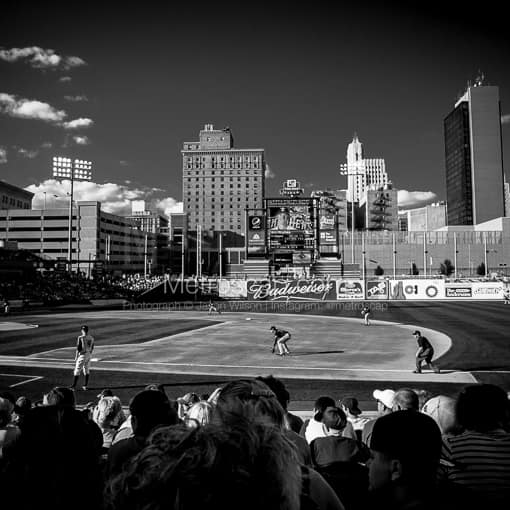 Matte Black MDF Framed Black and White Toledo Photograph: The Toledo Skyline from Inside Fifth Third Field in a Square Matte Black MDF Frame