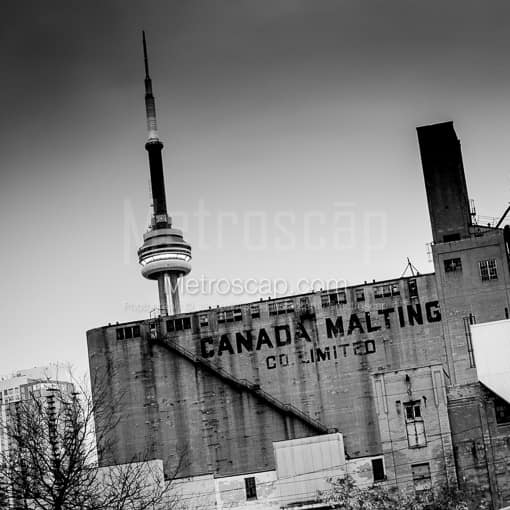 Matte Black MDF Framed Black and White Toronto Photograph: The Canada Malting Factory and CN Tower in a Square Matte Black MDF Frame
