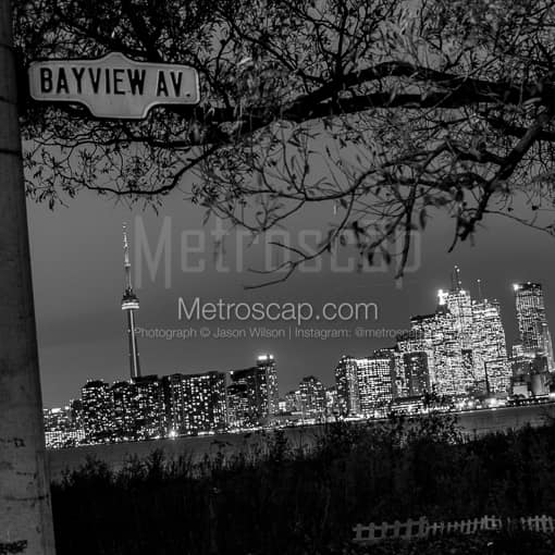 Matte Black MDF Framed Black and White Toronto Photograph: The Toronto Skyline from Bayview Ave on Wards Island in a Square Matte Black MDF Frame