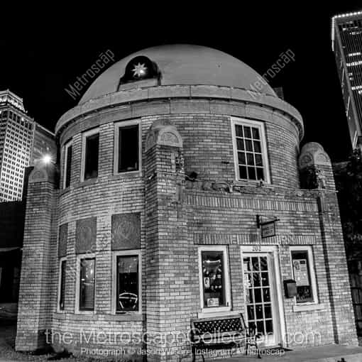 Matte Black MDF Framed Black and White Tulsa Photograph: Blue Dome at Night in a Square Matte Black MDF Frame