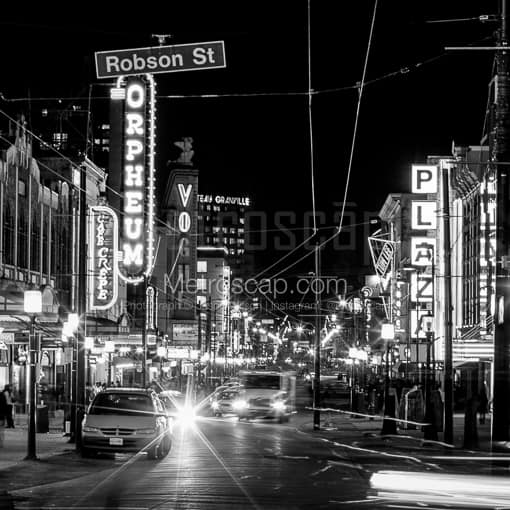 Matte Black MDF Framed Black and White Vancouver Photograph: Granville Ave Through Downtown Vancouver in a Square Matte Black MDF Frame