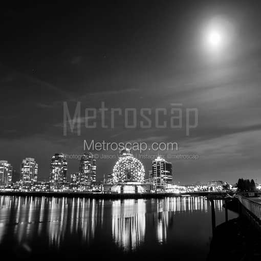 Matte Black MDF Framed Black and White Vancouver Photograph: The Moon Illuminates the TELUS Science World Dome at Night in a Square Matte Black MDF Frame