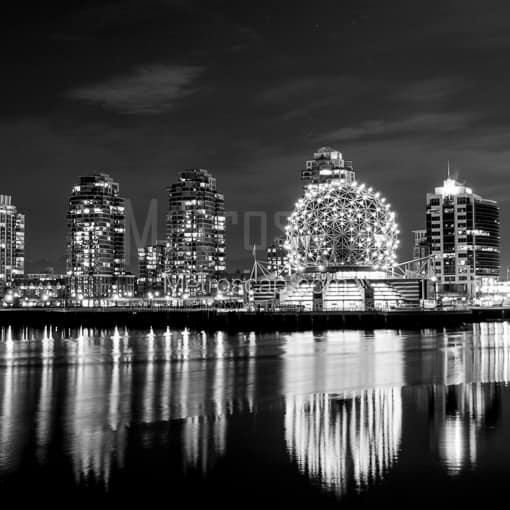 Matte Black MDF Framed Black and White Vancouver Photograph: The TELUS Science World Dome Reflects Off of False Creek in a Square Matte Black MDF Frame
