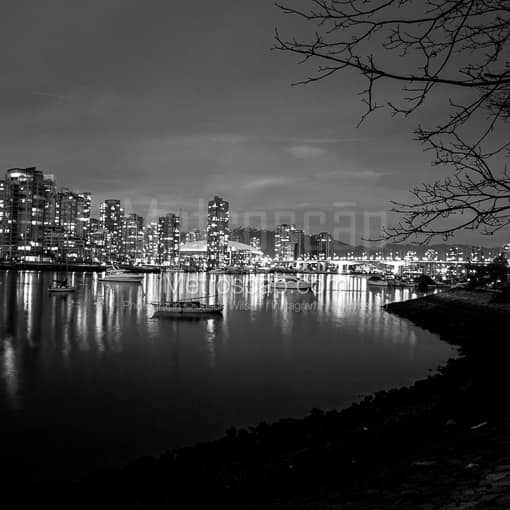 Matte Black MDF Framed Black and White Vancouver Photograph: The Vancouver Skyline over False Creek in a Square Matte Black MDF Frame