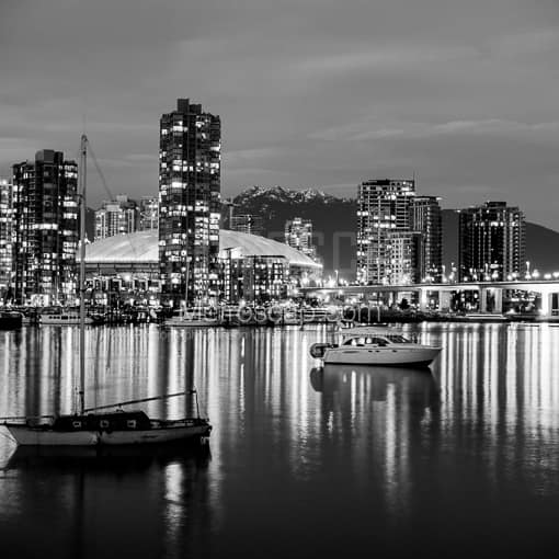 Matte Black MDF Framed Black and White Vancouver Photograph: The Vancouver Skyline Looking Toward Yaletown in a Square Matte Black MDF Frame