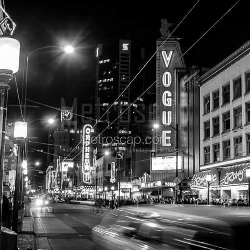 Matte Black MDF Framed Black and White Vancouver Photograph: The Vogue Theater on Granville Street in a Square Matte Black MDF Frame