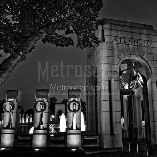 Matte Black MDF Framed Black and White Washington DC Photograph: The Atlantic Pavilion of the WWII Memorial in a Square Matte Black MDF Frame