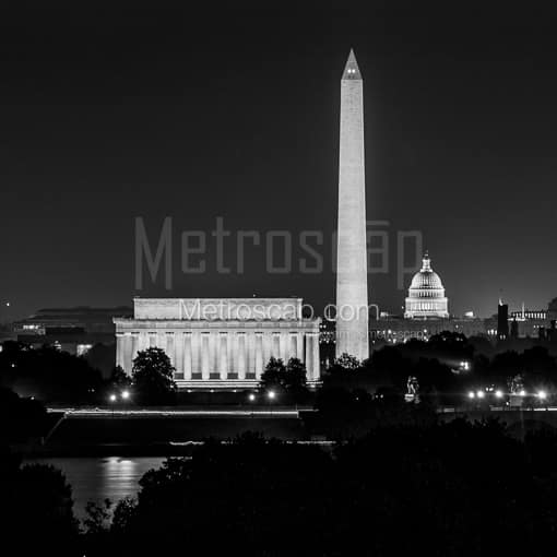 Matte Black MDF Framed Black and White Washington DC Photograph: The Washington D.C. Skyline at Night in a Square Matte Black MDF Frame