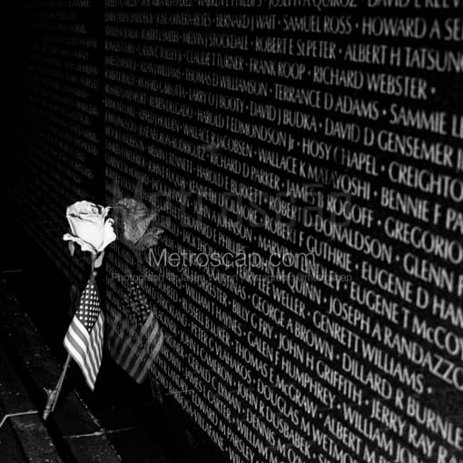 Matte Black MDF Framed Black and White Washington DC Photograph: A Rose and American Flag Leans Against the Vietnam Wall in a Square Matte Black MDF Frame